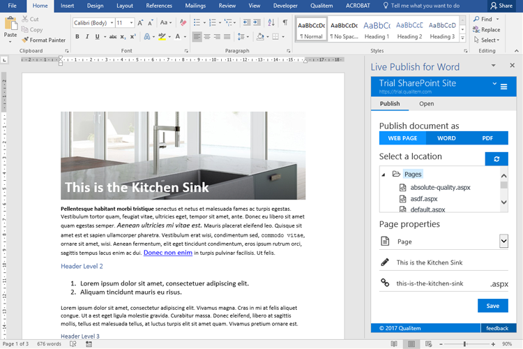 Live Publish Task pane author your document