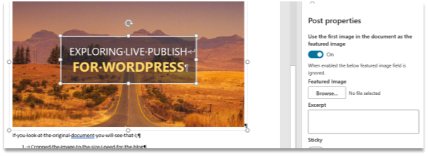 Live Publish's Post properties pane showing how to use the first image in a post as the featured image.